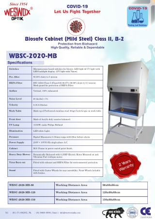 BIOSAFE CABINET (Mild Steel) WBSC-2020-MB
