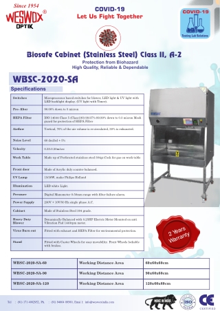 Biosafe Cabinet (Stainless Steel) WBSC-2020-SA