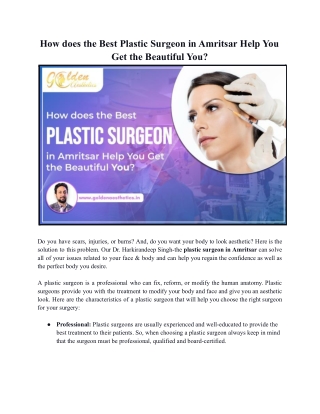 How does the Best Plastic Surgeon in Amritsar Help You Get the ‘Beautiful You'_