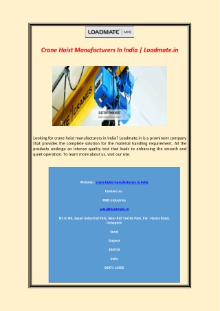 Crane Hoist Manufacturers In India | Loadmate.in