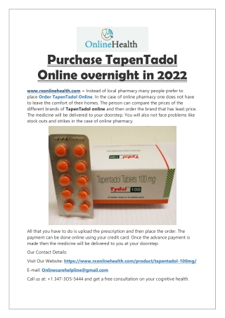 Purchase TapenTadol Online overnight in 2022