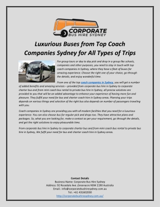 Luxurious Buses from Top Coach Companies Sydney for All Types of Trips