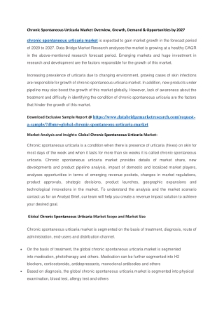 Chronic Spontaneous Urticaria Market Overview, Growth, Demand & Opportunities by 2027