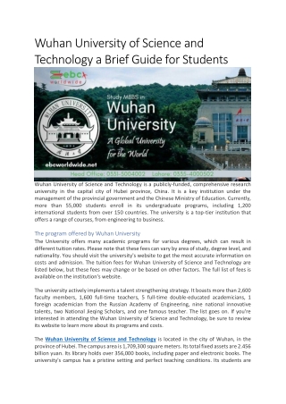 Wuhan University of Science and Technology a Brief Guide for Students
