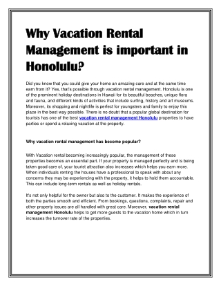 Why Vacation Rental Management is important in Honolulu?