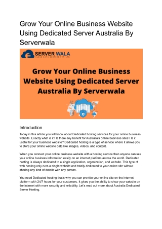 Grow Your Online Business Website Using Dedicated Server Australia By Serverwala