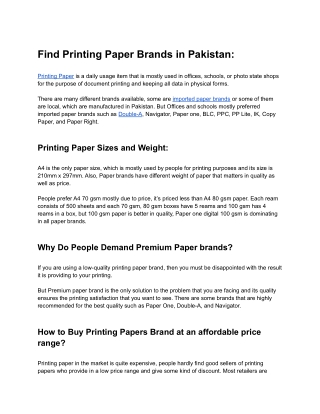 Find Printing Paper Brands in Pakistan