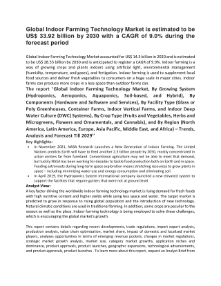 Global Indoor Farming Technology Market is estimated to be US