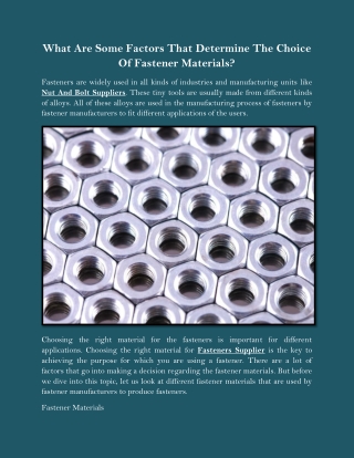 What Are Some Factors That Determine The Choice Of Fastener Materials