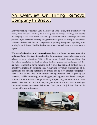 An Overview On Hiring Removal Company In Bristol