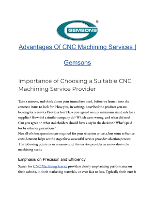 Advantages Of CNC Machining Services | Gemsons