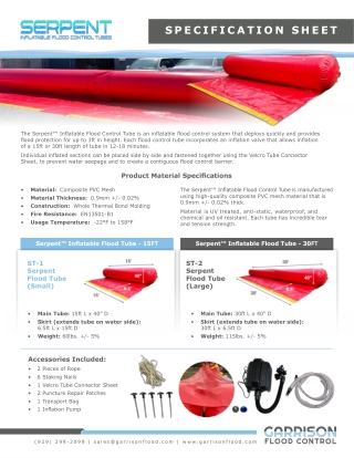 Serpent Inflatable Flood Control Barrier - Spec Sheet