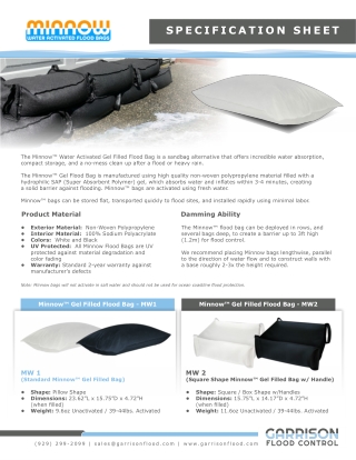 Minnow Gel Filled Flood Control Bags - Spec Sheet