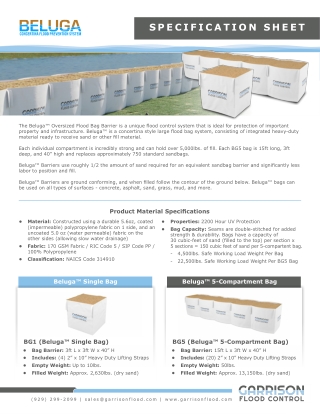 Beluga Oversized Sand Filled Flood Control Barrier - Spec Sheet