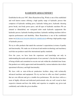 HYDRAULIC BALING PRESS IN AHMEDABAD | Rameshwar Machinery