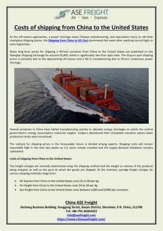 Costs of shipping from China to the United States