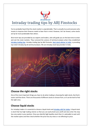 Intraday trading tips by ABJ Finstocks
