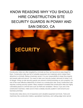 KNOW REASONS WHY YOU SHOULD HIRE CONSTRUCTION SITE SECURITY GUARDS IN POWAY AND SAN DIEGO, CA