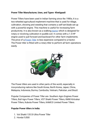 Power Tiller Manufacturer, Uses, and Types- Khetigaadi