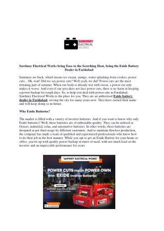Sawhney Electrical Works bring Ease to the Scorching Heat, being the Exide Battery Dealer in Faridabad
