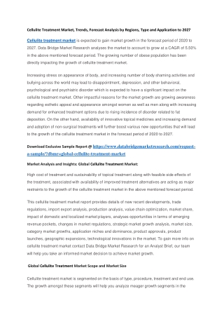 Cellulite Treatment Market, Trends, Forecast Analysis by Regions, Type and Application to 2027