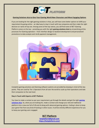 Gaming Solutions Asia to Give Your Gaming World New Characters and More Engaging Options