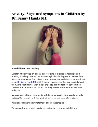 Anxiety- Signs and symptoms in Children by Dr. Sunny Handa MD