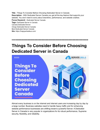 Things To Consider Before Choosing Dedicated Server Canada