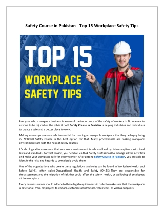 Safety Course in Pakistan - Top 15 Workplace Safety Tips