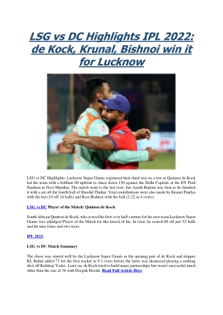 LSG vs DC Highlights IPL 2022 de Kock, Krunal, Bishnoi win it for Lucknow