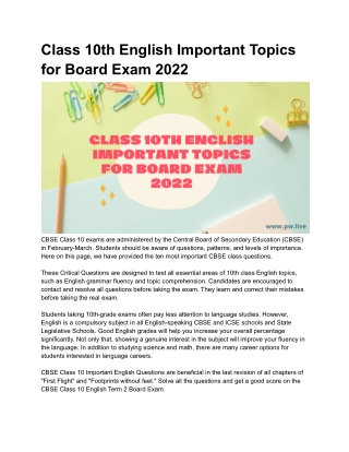 Class 10th English Important Topics for Board Exam 2022