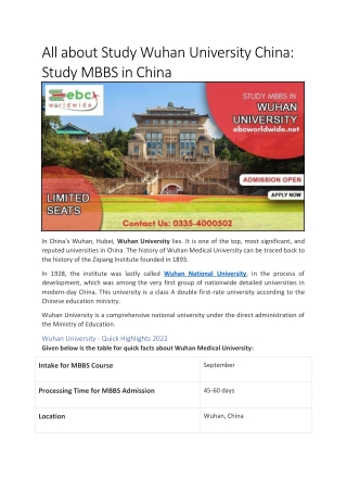 All about Study Wuhan University China: Study MBBS in China