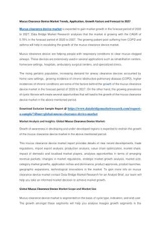 Mucus Clearance Device Market Trends, Application, Growth Factors and Forecast to 2027