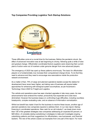 Top Companies Providing Logistics Tech Startup Solutions