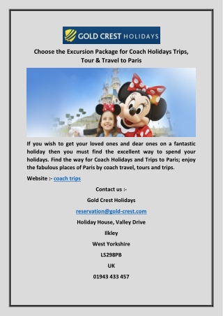 Choose the Excursion Package for Coach Holidays Trips, Tour & Travel to Paris