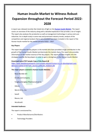 Global Human Insulin Market Opportunities and Forecast 2020-2027