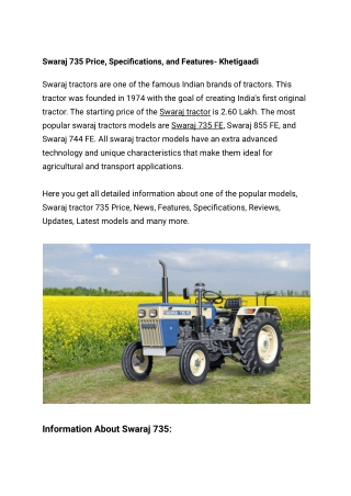 Swaraj 735 FE Price, Specifications, and Features- Khetigaadi