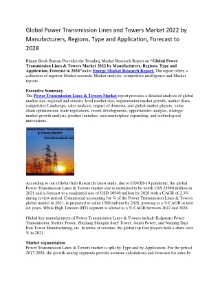 Global Power Transmission Lines and Towers Market 2022 by Manufacturers, Regions, Type and Application, Forecast to 2028