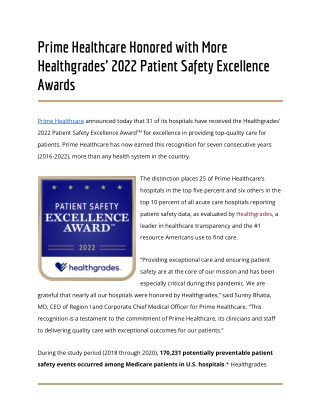 Prime Healthcare Honored with More Healthgrades' 2022 Patient Safety Excellence Awards