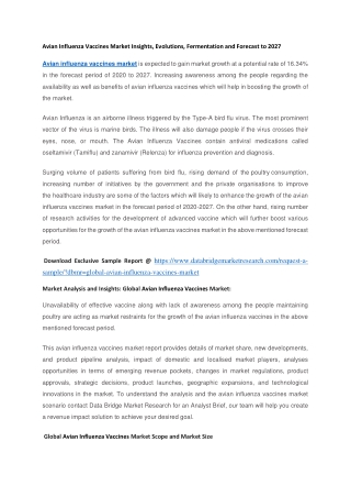Avian Influenza Vaccines Market Insights, Evolutions, Fermentation and Forecast to 2027