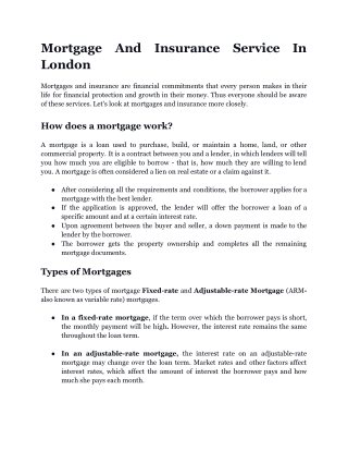 Mortgage And Insurance Service In London