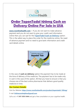 Order TapenTadol 100mg Cash on Delivery Online For Sale in USA