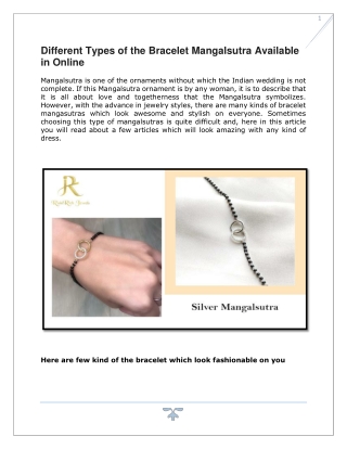 Different Types of the Bracelet Mangalsutra Available in Online