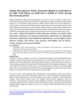 Global Atmospheric Water Generator Market is estimated to be US