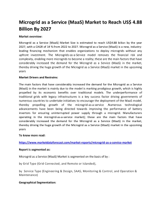 Microgrid as a Service (MaaS) Market to Reach US$ 4.88 Billion By 2027