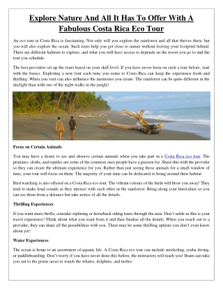 Explore Nature And All It Has To Offer With A  Fabulous Costa Rica Eco Tour
