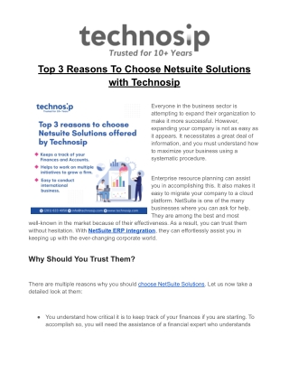 Top 3 Reasons To Choose Netsuite Solutions with Technosip