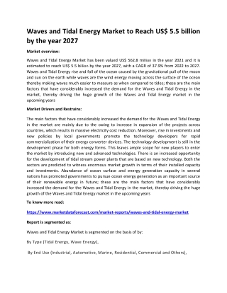 Waves and Tidal Energy Market to Reach US$ 5.5 billion by the year 2027