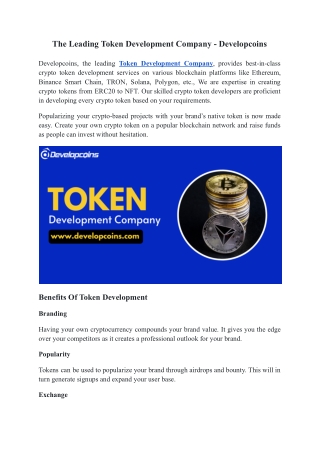 The Leading Token Development Company - Developcoins