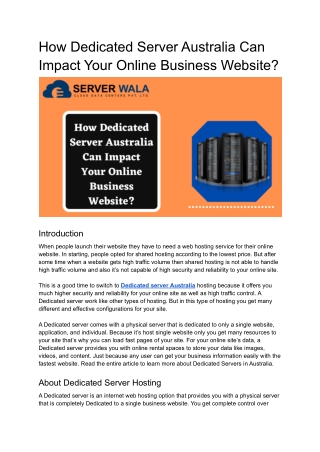 How Dedicated Server Australia Can Impact Your Online Business Website?